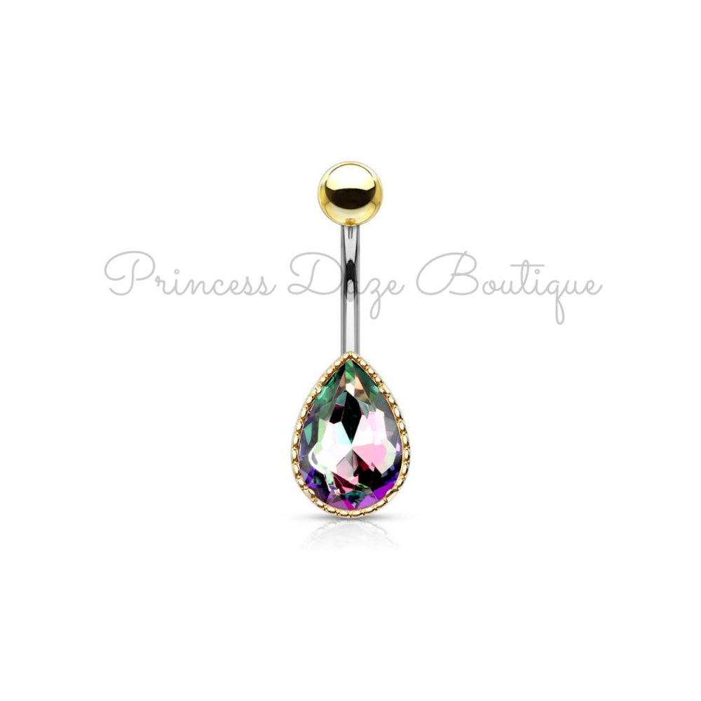 Gold Rainbow Tear‎ Drop Belly Button Ring
